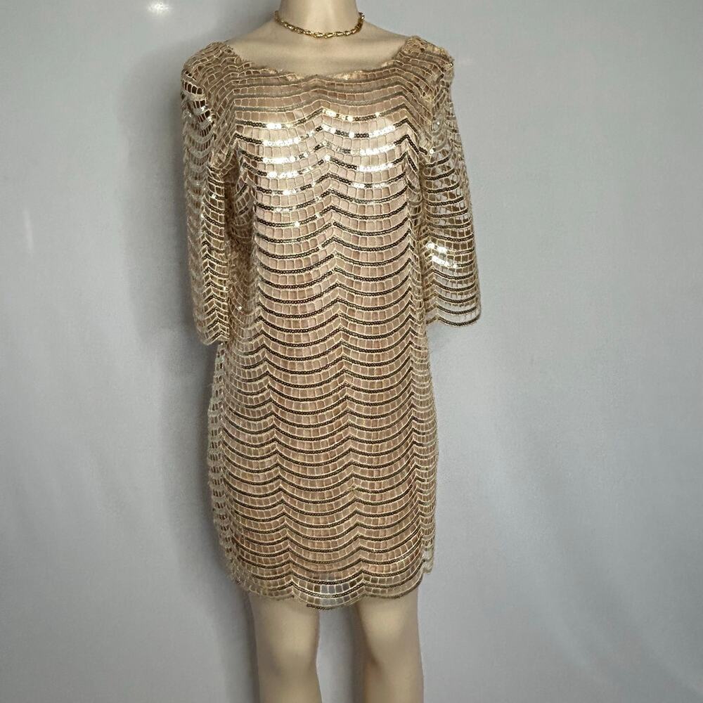 Dear’Gles Gold Sequin Embroidered Mini Dress Size 8 Bell Sleeve Art Deco Party